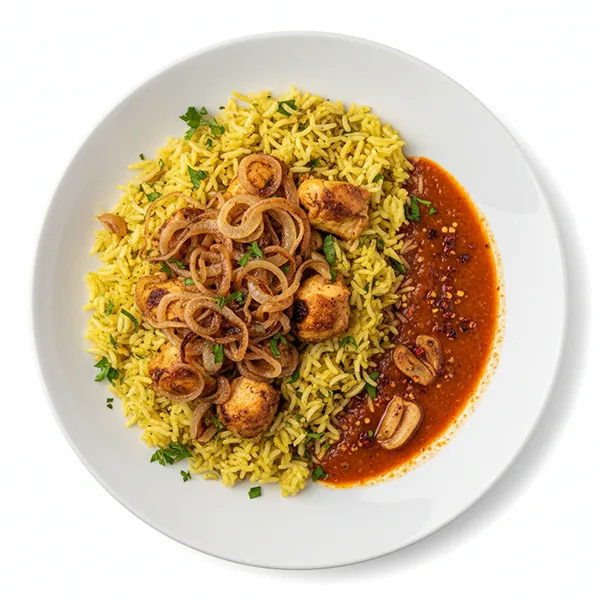 Chicken sayadieh with rice, caramelized onions and garlic Jalapeno pepper sauce